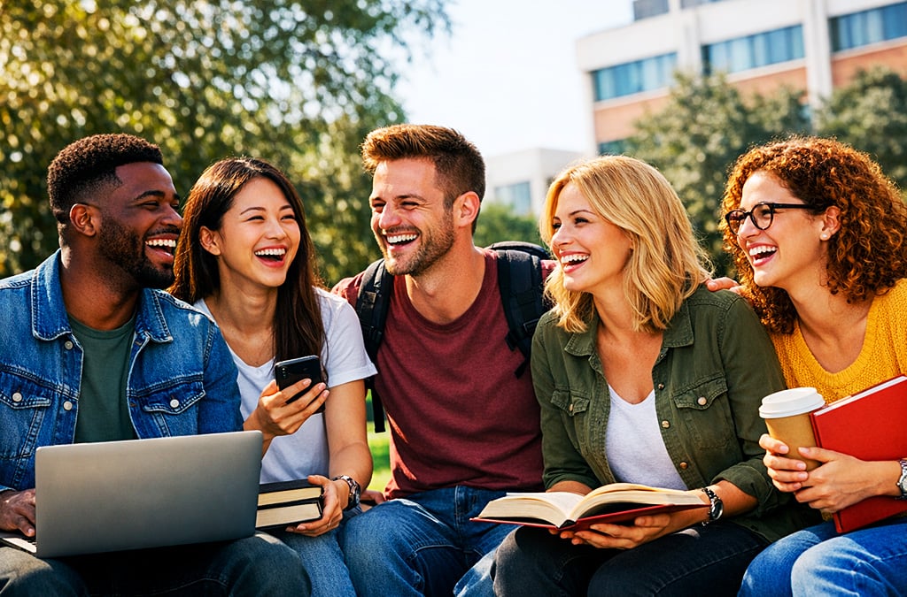Grupo diverso de alunos de pós-graduação felizes, com computador ou celular e livros, rindo juntos ao ar livre em um dia ensolarado. Conceito de amizade, educação e vida multicultural no campus.